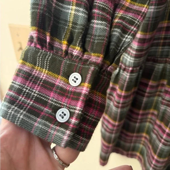 LOFT Multicolor Plaid Flounce Shirt Dress, colors green/pink/yellow, size MP - Picture 7 of 8